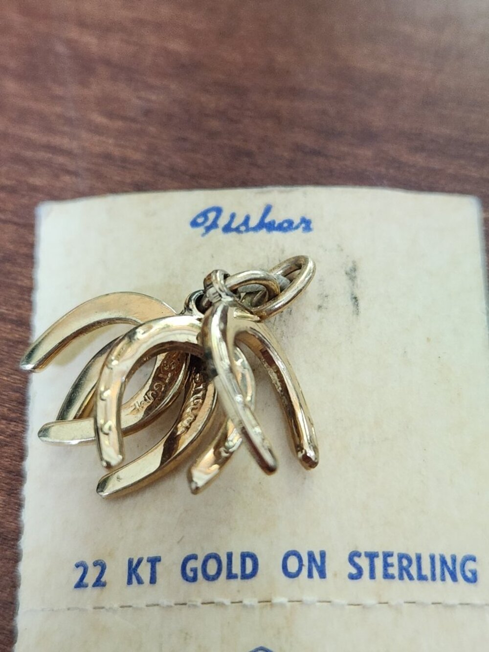 Vintage Karatclad Horseshoe 4 Charms Linked 22Kt Gold on Sterling NEW old Stock